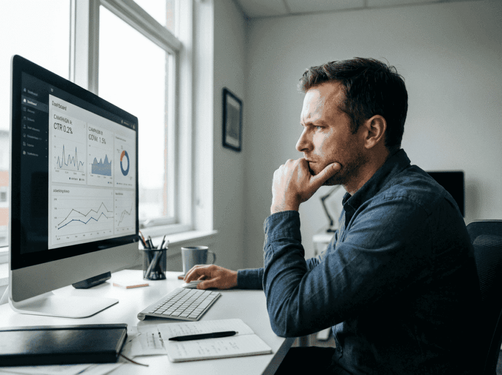 firefly gemini flash 1. fotografía fotorrealista de un dueño de pyme de unos 35–45 años sentado frente a u 787674