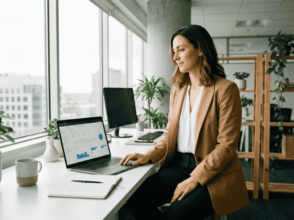 firefly gemini flash 1. fotografía fotorrealista de una mujer profesional de unos 35 años trabajando en un 787674