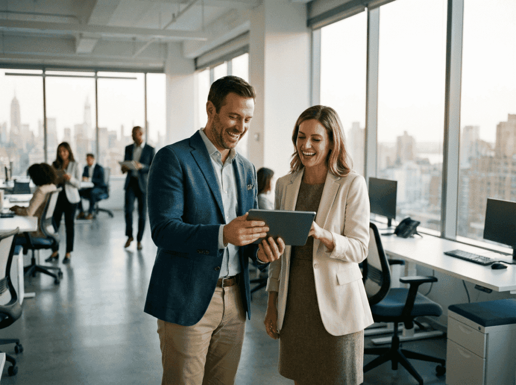 fotografía fotorrealista de dos agentes inmobiliarios de unos 30 40 años, hombre y mu 289008
