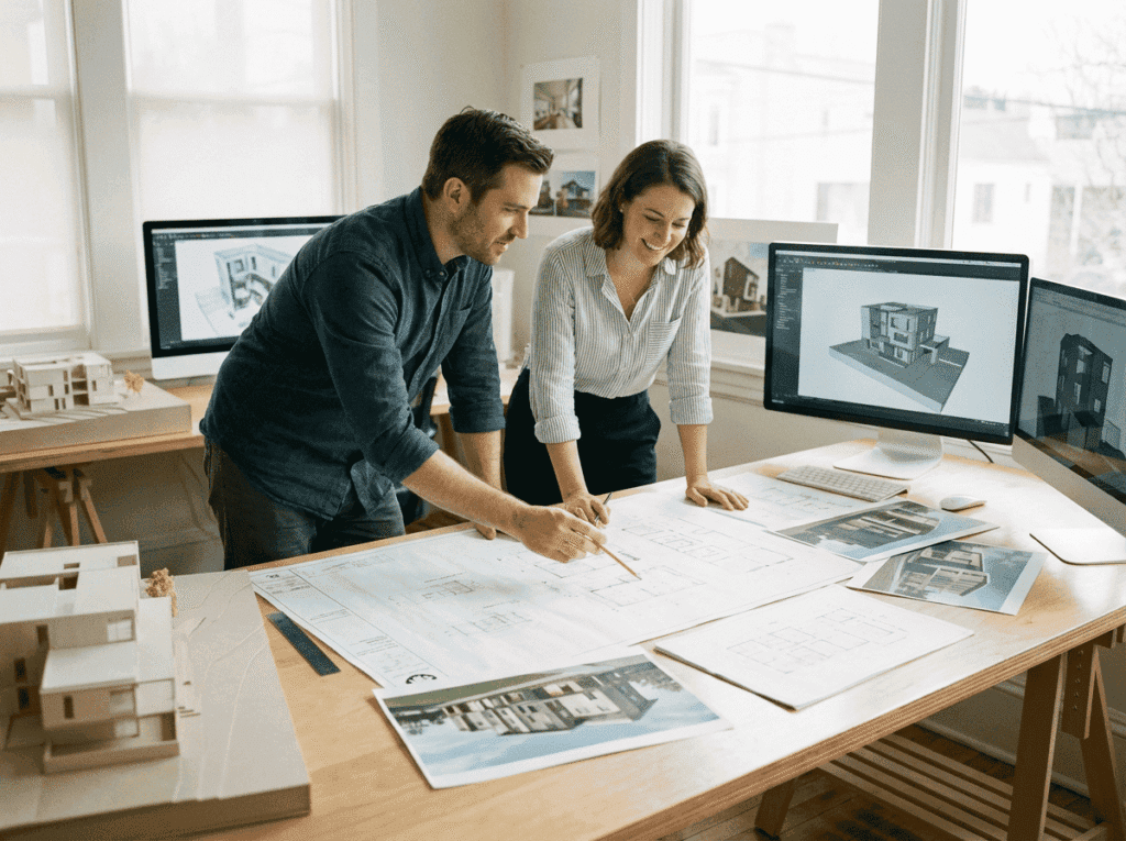 firefly gemini flash fotografía fotorrealista de dos arquitectos de unos 35 años en un estudio creativo, r 289008